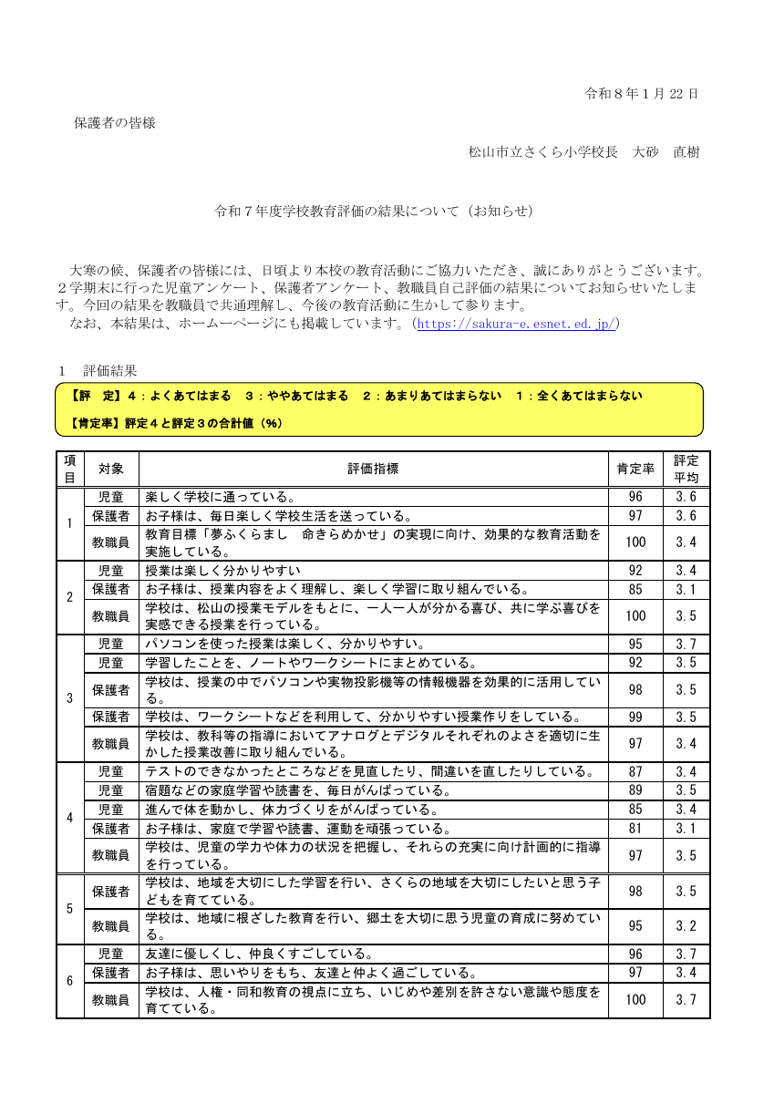 R7学校教育評価の結果について(お知らせ).pdfの1ページ目のサムネイル